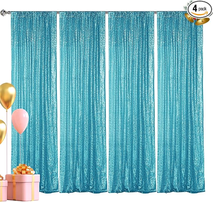 Hahuho Turquoise Sequin Backdrop Curtain, 4PCS 2FTx8FT Glitter Backdrop Curtain for Parties, Christmas, Wedding, Party Decoration（4 Panels, 2FT x 8FT, Turquoise