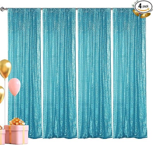 Hahuho Turquoise Sequin Backdrop Curtain, 4PCS 2FTx8FT Glitter Backdrop Curtain for Parties, Christmas, Wedding, Party Decoration（4 Panels, 2FT x 8FT, Turquoise