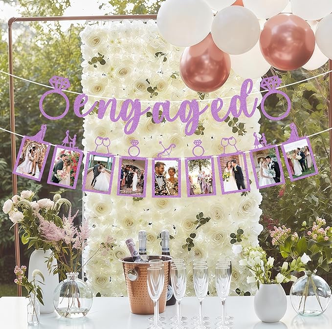 Pre-Strung Engaged Photo Banner - Purple Glitter Engagement Party Decoration Supplies with Romantic Memories Picture Card Frames for Bachelorette, Bridal Shower, Wedding Party Photo Booth Props