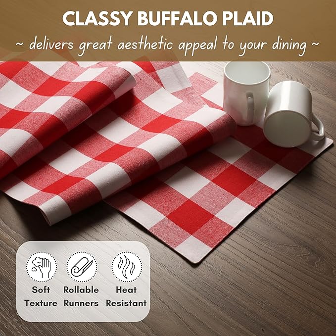 Native Fab Table Runner Buffalo Check Plaid 100% Cotton - 13x90 Inches Kitchen Dining Table Decoration for Indoor Outdoor Farmhouse Home Party Decor - Red and White