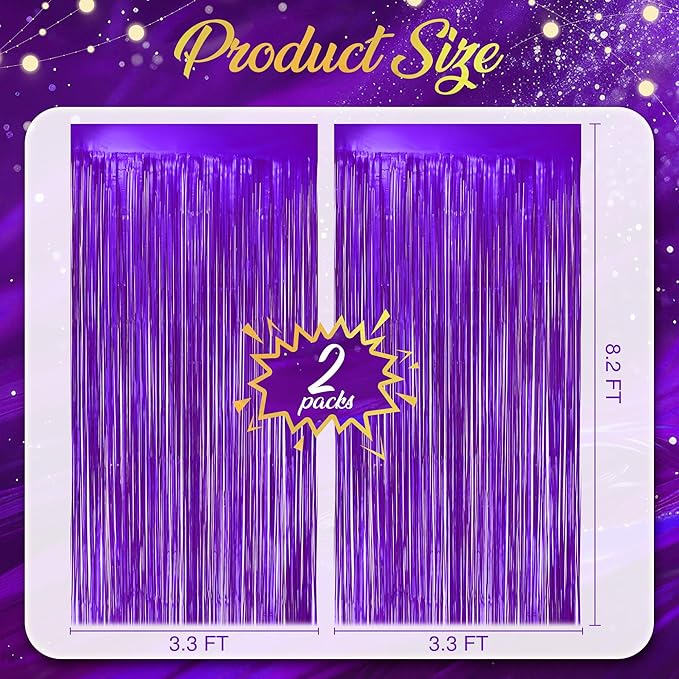 2 Pack Metallic Purple Fringe Backdrop, 3.2x8.2ft Shining Foil Tinsel Curtains, Birthday Party Decorations Door Streamers for Halloween, Christmas, Wedding, Graduation, Holiday, Theme Events