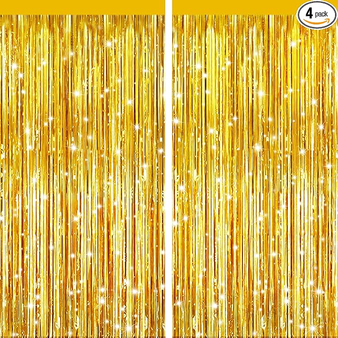2 Pack Gold Metallic Tinsel Foil Fringe Curtains, Door Streamers Photo Booth Backdrop for Birthday Party, Tinsel Curtain Backdrop for Baby Shower Bachelorette Christmas Party Decorations
