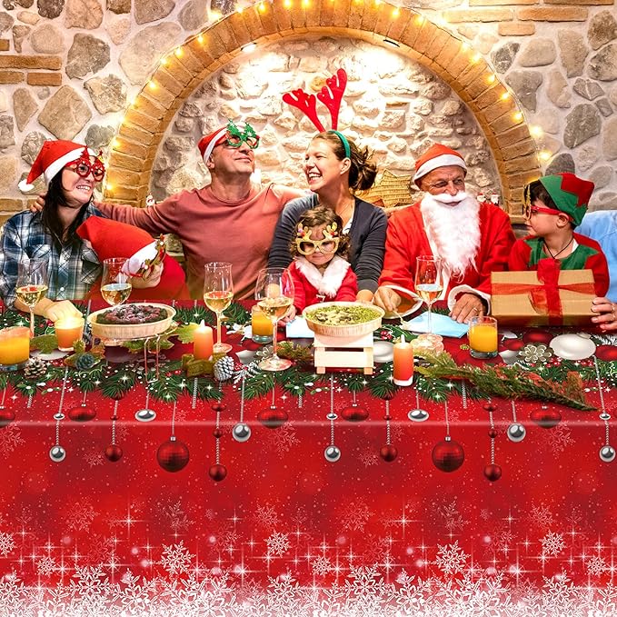 1Pieces Merry Christmas Tablecloth Plastic Christmas Tree Ball Table Cover Rectangle Winter Snowflake Tablecloth for Merry Christmas Holiday New Year Eve Party Decorations Supplies,54x108inch