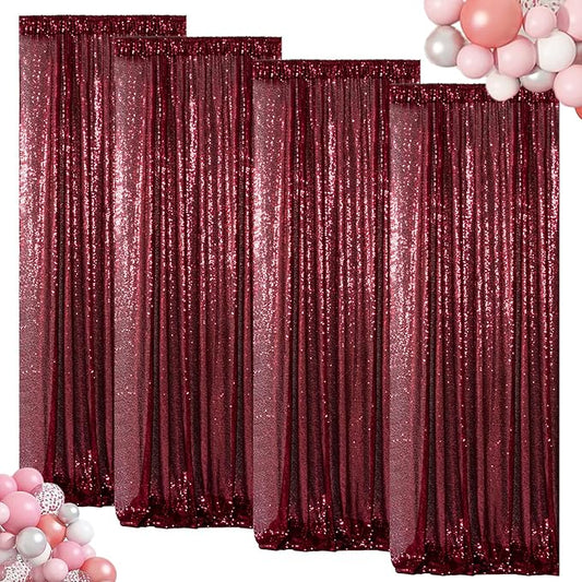 ShinyBeauty Sequin Curtains Panels Burgundy Backdrop Curtain 4 Pieces Photobooth Shimmer Background Glitter Fabric Maroon Christmas Backdrops Party Birthday Wedding Decor (2Ftx8Ft)
