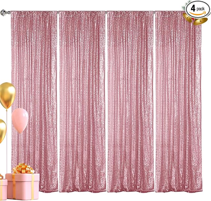Hahuho Rose Pink Sequin Backdrop Curtain, 4PCS 2FTx8FT Glitter Backdrop Curtain for Parties, Christmas, Wedding, Banquet Decoration（4 Panels, 2FT x 8FT, Rose Pink）