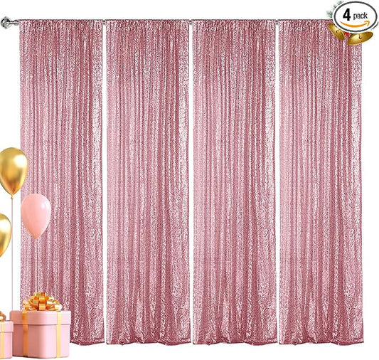 Hahuho Rose Pink Sequin Backdrop Curtain, 4PCS 2FTx8FT Glitter Backdrop Curtain for Parties, Christmas, Wedding, Banquet Decoration（4 Panels, 2FT x 8FT, Rose Pink）