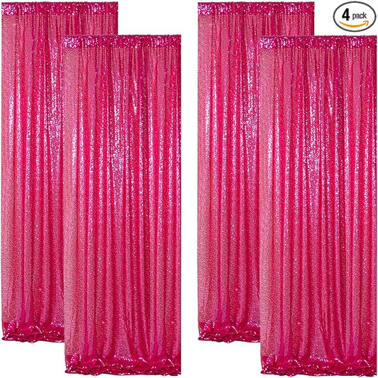 ShinyBeauty Sequin Curtains Hot Pink 2FTx8FT 4 Panels Sequin Photo Backdrop Shimmer Backdrop Fuchsia Glitter Curtains for Shower Sequins Backdrop Background