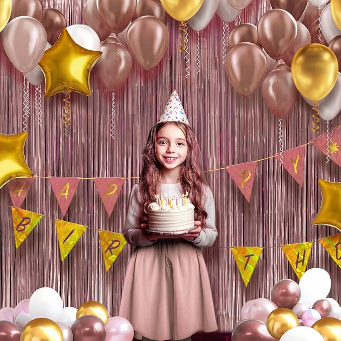 2 Pack Metallic Rose Gold Fringe Backdrop, 3.2x8.2ft Shining Foil Tinsel Curtains, Birthday Party Decorations Door Streamers for Halloween, Christmas, Wedding, Graduation, Holiday, Theme Events