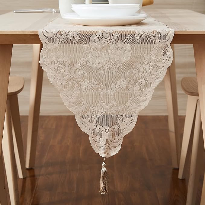 LinenZone Linen Table Runner with 2 Tassels for Rustic Vintage Decor. Lace Table Runner Works Great As Wedding, Thanksgiving, Christmas Decor (Mia 14 x 48, Linen)