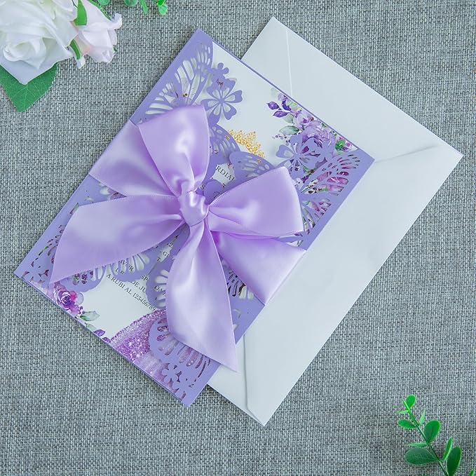 20 PCS 5.12x7.2 Butterfly Personalized Quinceanera Invitation, Customized XV Anos Laser Cut Invitation Cards with Envelopes (Violet Personalized)