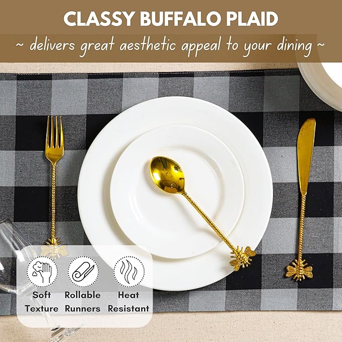 Native Fab Table Runner Buffalo Check Plaid 100% Cotton - 13x90 Inches Kitchen Dining Table Decoration for Indoor Outdoor Farmhouse Home Party Decor - Black, Grey