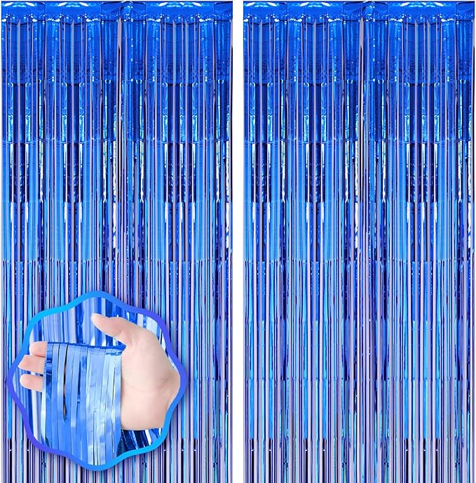 2 Pack Blue Foil Fringe Backdrop Curtains, Tinsel Streamers Birthday Party Decorations, Fringe Backdrop for Graduation, Baby Shower, Gender Reveal, Disco Party