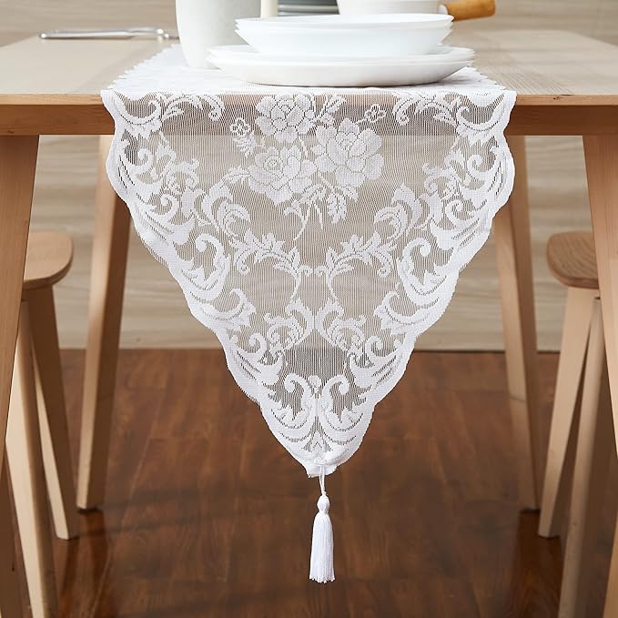 LinenZone White Table Runner with 2 Tassels for Rustic Vintage Decor. Lace Table Runner Works Great As Wedding, Thanksgiving, Christmas Decor. (Mia 14 x 72, White)