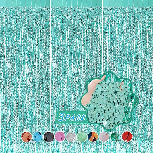 3 Pack Teal Aqua Blue Wave Foil Curtains - 3.3 ft x 6.6 ft Tinsel Metallic Streamers for Photo Booth Birthday Wedding Girl Princess Bachelorette Euphoria Theme Party Decorations