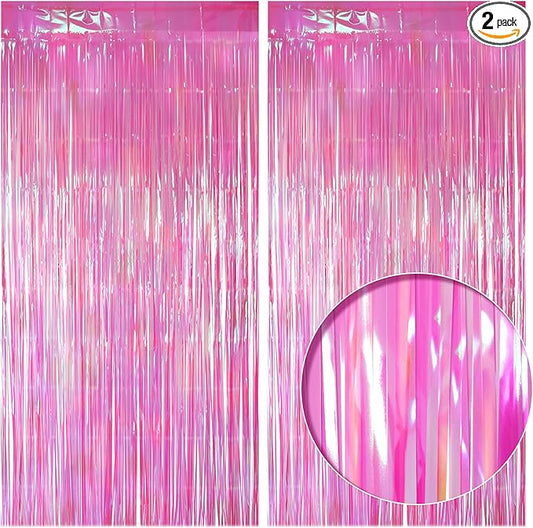 2 Pack Hot Pink Iridescent Streamers Backdrop, 3.3x6.6ft Foil Fringe Curtains Holographic Door Tinsel Streamers Photo Booth Prop for Birthday, Wedding, Holiday, Bachelorette, Theme Party Decorations