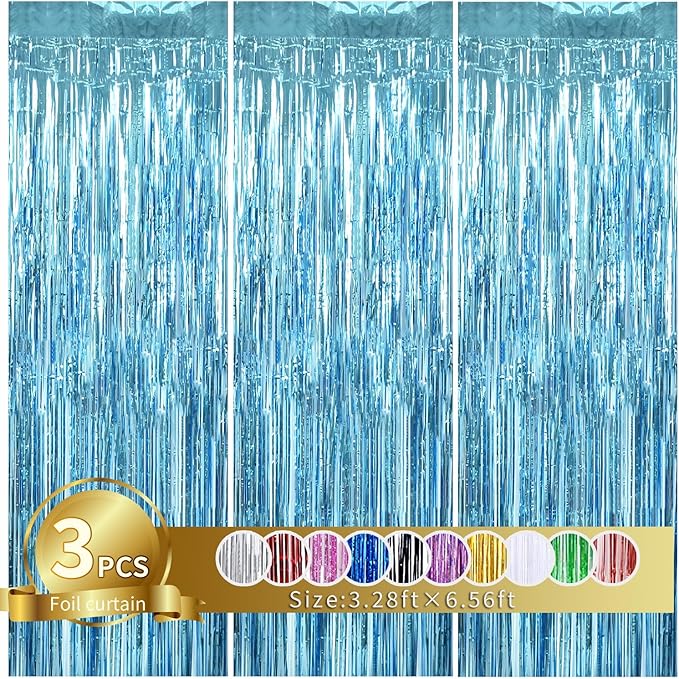 TONIFUL 3Pcs Light Blue Door Streamers,Light Blue Photo Booth Backdrop Metallic Streamers Foil Fringe Curtains for Birthday,Christmas,New Year,Bachelorette,Grad Party Streamers Decor(9.9ft x 6.6ft)