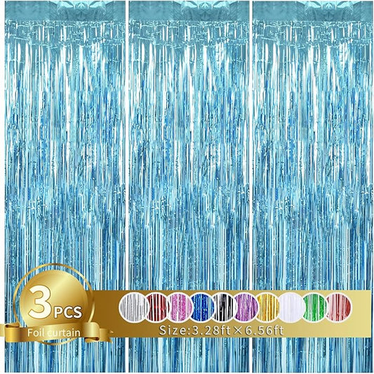 TONIFUL 3Pcs Light Blue Door Streamers,Light Blue Photo Booth Backdrop Metallic Streamers Foil Fringe Curtains for Birthday,Christmas,New Year,Bachelorette,Grad Party Streamers Decor(9.9ft x 6.6ft)