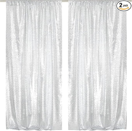 SquarePie Sequin Backdrop Curtain 8FT x 10FT Silver Satin Backing Fabric Photography Background for Wedding Patry 4FT x 10FT 2 Panels