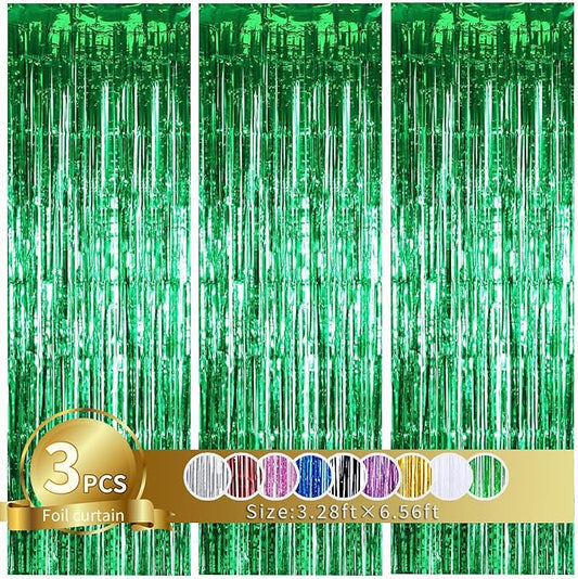 TONIFUL 3Pcs Green Door Streamers,Green Photo Booth Backdrop,Metallic Streamers Green Foil Fringe Curtains for Birthday,Christmas,New Year,St. Patrick's Day Party Streamers Decor(9.9ft x 6.6ft)