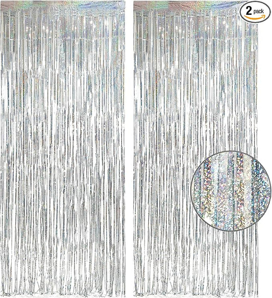 Silver Foil Fringe Tinsel Backdrop - GREATRIL Metallic Tinsel Streamers Curtains for 2026 NYE/Prom/Dancing Ball/Christmas/Bachelorette Party Decorations - Pack of 2