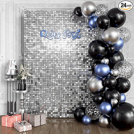 Qcity Silver Shimmer Wall Backdrop 24PCS, Black Back Not See-Through Design, Square Sequin Glitter Backdrop Panel, Perfect for Outdoor Events, Birthdays, Wedding and Party Decoration