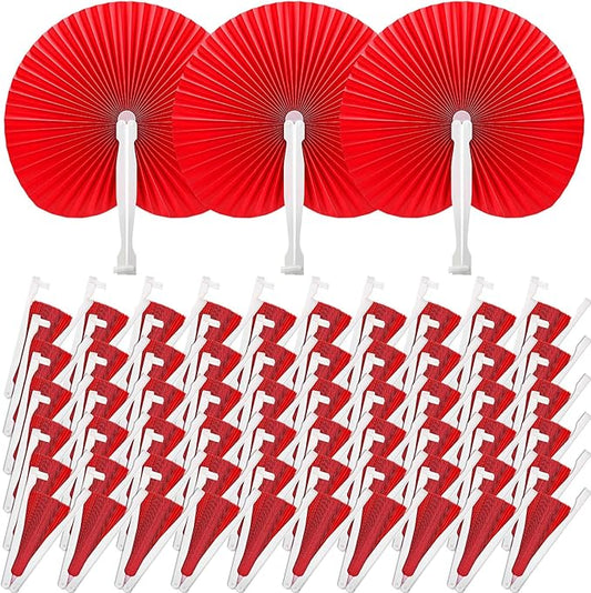Handepo 200 Pieces Wedding Fans Folding Paper Fans Paper Fans Round Shaped Folding Fans Handheld Fan with Plastic Handle for Wedding Celebration Birthday Party Favor (Red)