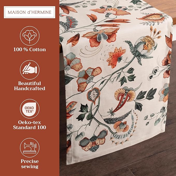 Maison d' Hermine Table Runner 100% Cotton Single Layer Table Runners 108 inches Long for Thanksgiving Christmas Decorations Home Kitchen Dining Party Wedding (Dalida, 14.5" x 108")