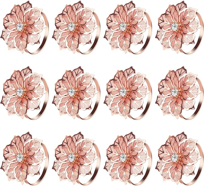 KPOSIYA Hollow Out Flower Napkin Ring Holder Metal Napkin Rings Set of 20 for Wedding Party Holiday Banquet Christmas Dinner Delicate Serviette Buckles Decor Favor (20, Flower-Rose Gold)
