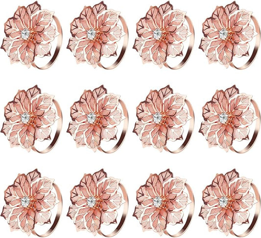 KPOSIYA Flower Napkin Rings Holder Metal Rose Gold Napkin Rings Set of 6 for Wedding Party Holiday Banquet Christmas Dinner Delicate Serviette Buckles Decor Favor (6, Rose Gold)