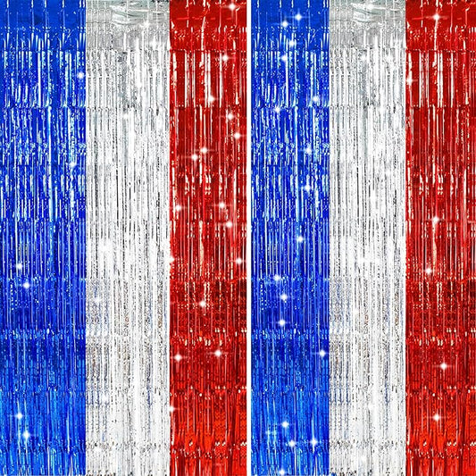 TONIFUL Red White and Blue Tinsel Foil Fringe Curtains,4th of July Decorations Independence Day Photo Booth Backdrop,Metallic Door Streamers for Patriotic Party Memorial Day Labor Day Supplies