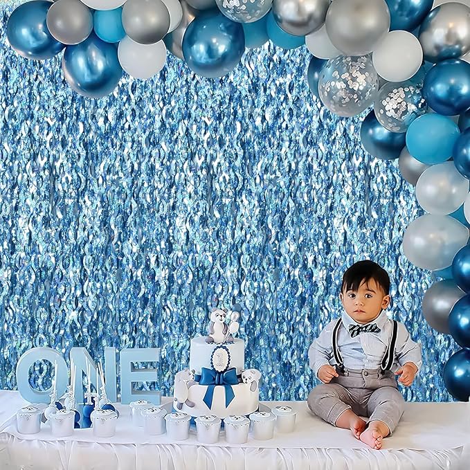 TONIFUL 3Pcs Wavy Metallic Tinsel Foil Fringe Curtains Light Blue Streamer Backdrop for Photo Booth Props,Party Door Wall Curtains,Bachelorette,Underwater World Birthday Party Decor (9.9ft x 6.6ft)