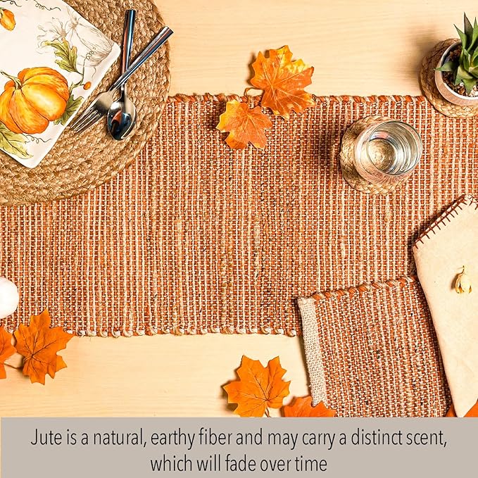 Chardin home Natural Jute Table Runner 13x72 Inch – Vintage Boho Rustic Table Decor – Handwoven Table Runner in Natural Jute and Rust Orange – Farmhouse Dining or Console Table Accent