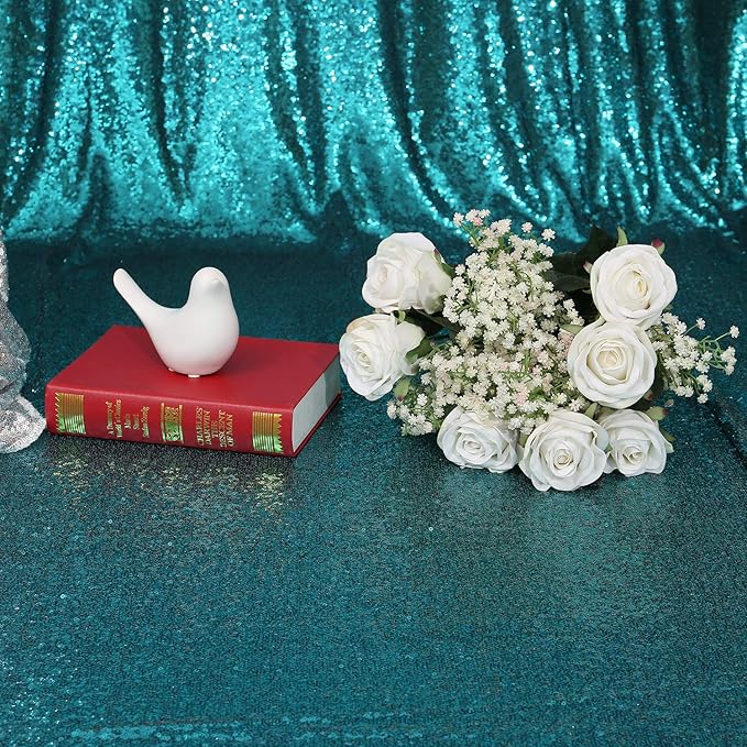 Poise3EHome 2Pcs 3Ft x 8Ft Teal Sequin Backdrop Curtain, Glitter Photography Background, Sequence Xmas Thanksgiving Backdrop for Wedding Party Holiday Festival Decor