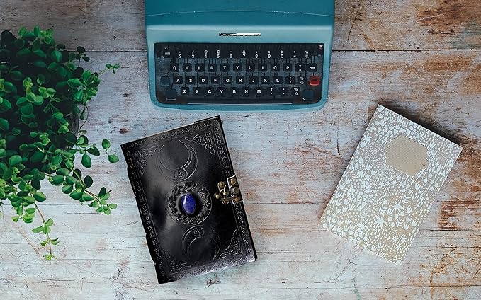 cuero 3 Moon Blue Lapiz Embossed Vintage Leather Journal for Men & Women - 140 Pages, Antique Handmade Deckle Edge Vintage Paper, Leather Journal Writing Notebook Dairy Gift (7 inch by 10 inch, Black)