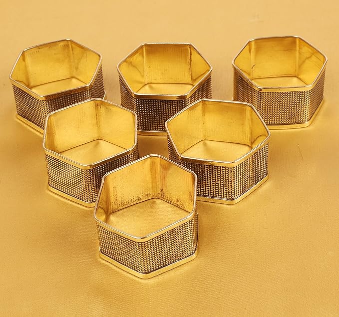 Brass Base Artistic Handcrafted Beautiful Geometric Hexagon Shape Large Size Party Dining Table Napkin Holders in Antique Gold Tone. (Set of 6).