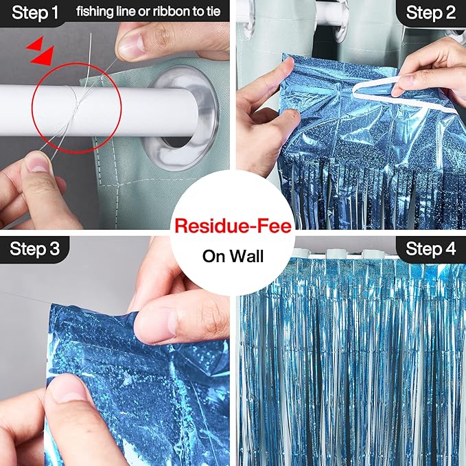 PartyWoo Foil Fringe Curtains Blue, 2 pcs 3.3x6.6 ft Blue Streamers, Fringe Backdrop, Tinsel Backdrop, Tinsel Curtain, Metallic Door Shimmer, Birthday Party Streamers, Photobooth