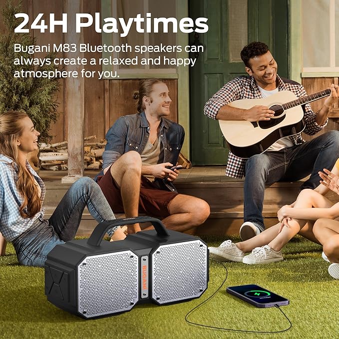 BUGANI Shock Bluetooth Speaker, Portable Bluetooth 5.3, Waterproof Design, 60W High Power Output, Outdoor Speaker, Black (New Model)