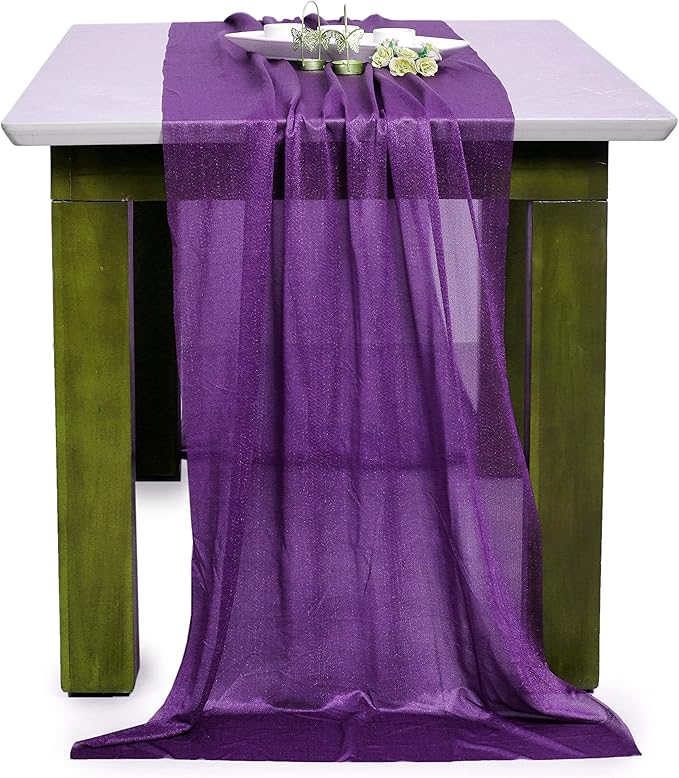 MDS 15 Pack 10ft Chiffon Table Runner 29 x 120 Inches Sheer Wedding Runner Romantic Rustic Table Runner for Wedding Decorations, Birthday Parties, Bridal Shower Party Arch Decor - Cadbury Purple