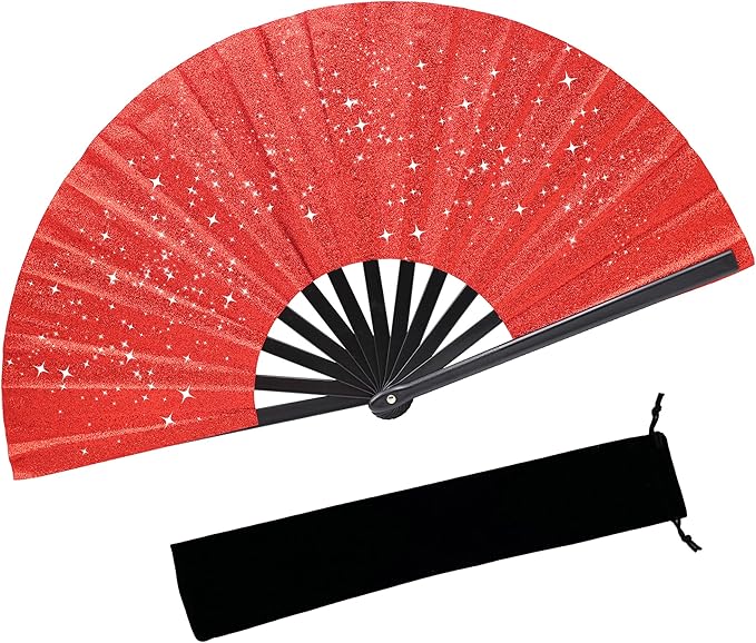 Glitter bling Large Folding Fan-Hand Fan Rave Clack Popping Fan for Line Dancing Clacking Fans for Boots On The Ground Dance, Party for EDM, Music Festival, Hot Flashes, Party, Decoration(1pcs red)