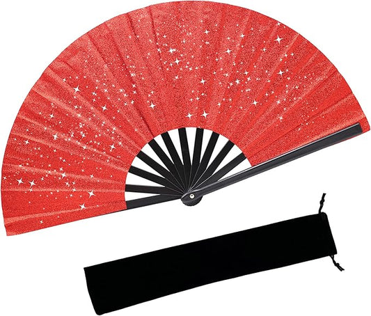Glitter bling Large Folding Fan-Hand Fan Rave Clack Popping Fan for Line Dancing Clacking Fans for Boots On The Ground Dance, Party for EDM, Music Festival, Hot Flashes, Party, Decoration(1pcs red)