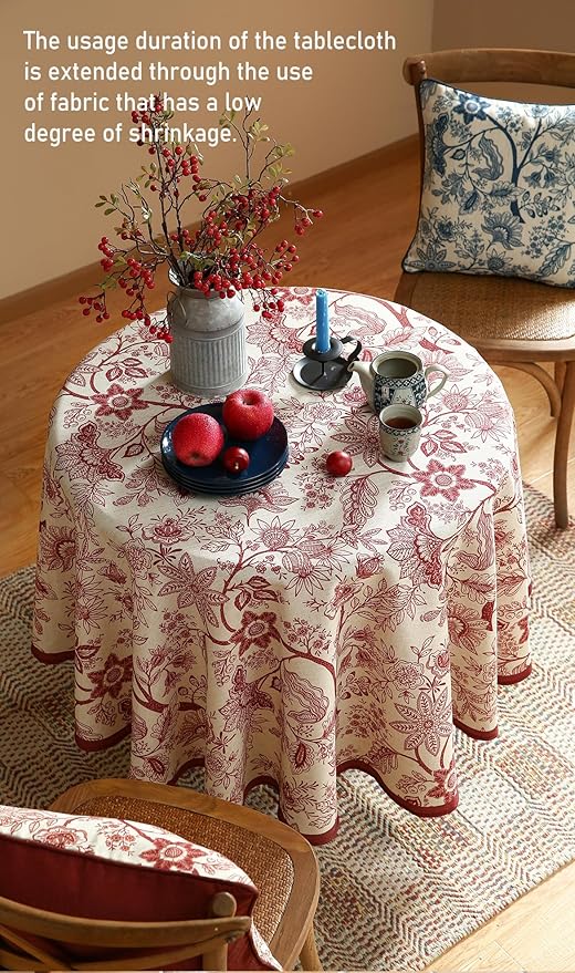 ISAENNE Designer French Linen Small Round Tablecloth,Red Floral Washable Indoor Table Cloth,Durable Home Decor Tablecloths for Dining Thanksgiving Kitchen Party Christmas,Diameter 55"-Ruyi A
