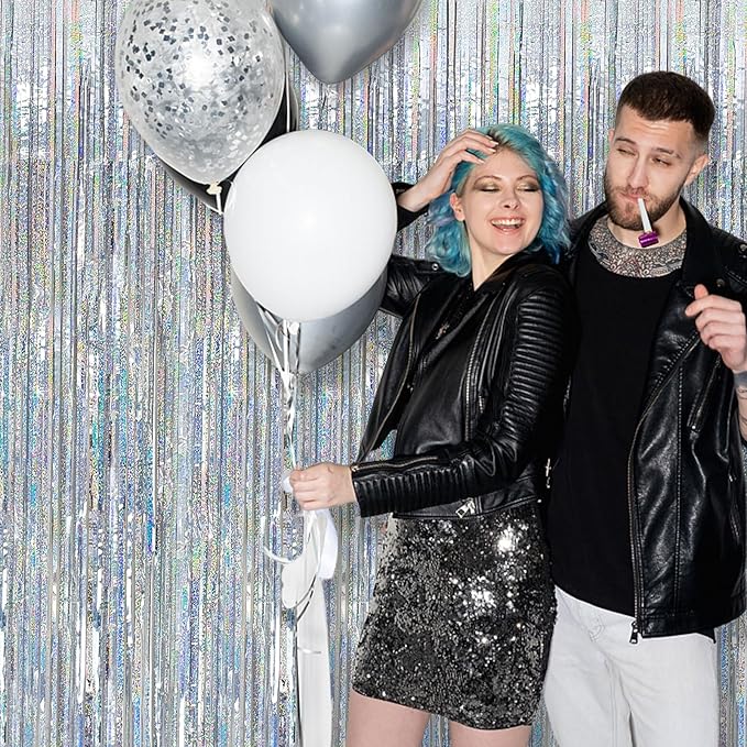 2 Pack Silver Glitter Backdrop Party Decorations Tinsel Streamers Foil Fringe Curtains Shimmer Wall Backdrop Christmas Birthday Bachelorette Party Wedding Decor Supplies