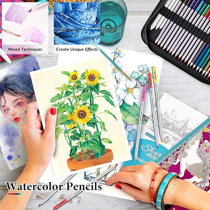 Soucolor 73 Pack Art Supplies Sketching Kit for Adults Kids Teen Gifts, Christmas Gifts, Drawing Sketching Pencils with Sketchbook, Coloring Book, Colored Watercolor Metallic Graphite Charcoal Pencils