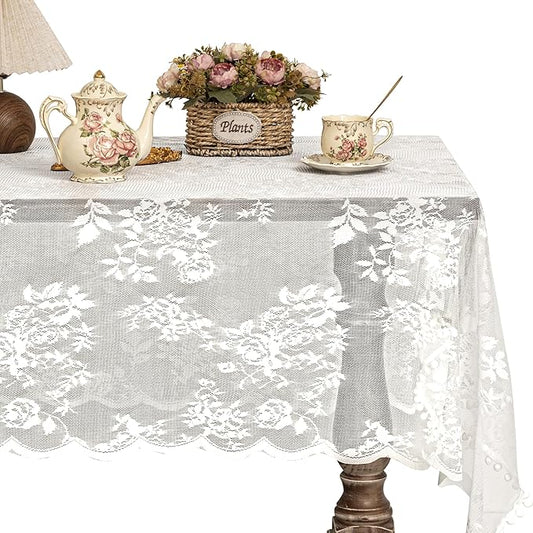 Jayla White Lace Tablecloth for Rectangular Tables, Vintage Style Wedding Table Cloths for Reception, Baby Shower, Birthday Party, Formal Dining, Dinner Parties 54 X 80 Inches