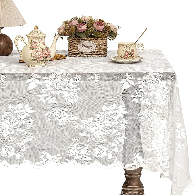 Jayla White Lace Tablecloth for Rectangular Tables, Vintage Style Wedding Table Cloths for Reception, Baby Shower, Birthday Party, Formal Dining, Dinner Parties 54 X 108 Inches