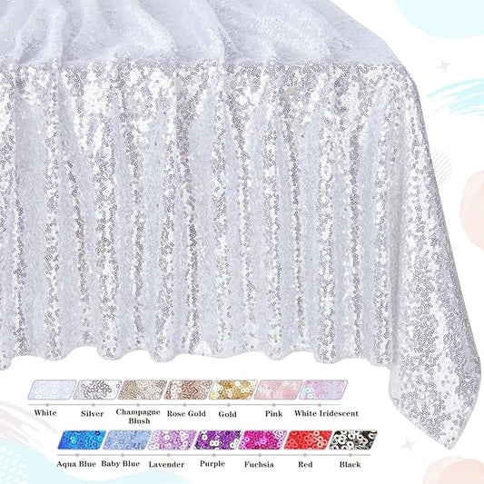 QueenDream Sequin Tablecloth Silver Rectangle Table Cloth - 50x80 Inch Glitter Fabric Overlay for Birthday Wedding Party