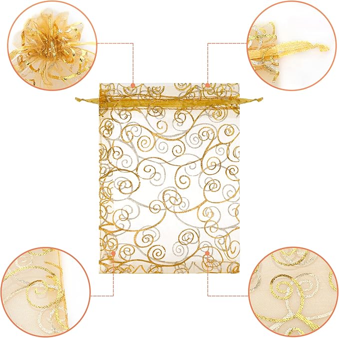 Staruby Organza Gift Bags 100Pcs Gold Sheer Organza Bag 5x7 Inch Mesh Favor Bags Drawstring Jewelry Rattan Printed Gift Pouches for Wedding Party Favors Couple Shower Christmas Gifts Candy Bags