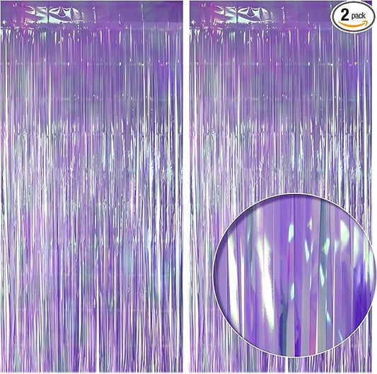 2 Pack Purple Iridescent Streamers Backdrop, 3.3x6.6ft Foil Fringe Curtains Lavender Holographic Door Tinsel Streamers for Birthday, Wedding, Holiday, Bachelorette, Theme Party Decorations