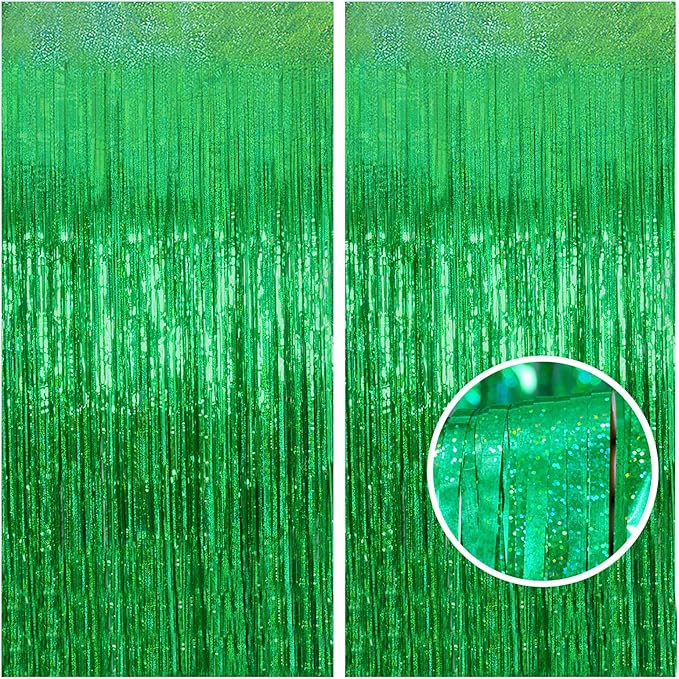 Melsan Foil Curtain Backdrop, 2 Pack 3.2 ft x 8.2 ft Tinsel Foil Fringe Curtains, Sparkle Metallic Foil Fringe Curtains for St Patricks Day Decorations Photo Booth Props Decoration, Green
