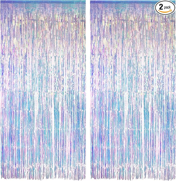 Iridescent Party Streamers Backdrop - GREATRIL Neon Transparent Holographic Tinsel Foil Fringe Curtain for Mermaid/Frozen/Sea/Euphoria/ERAS Party Theme Decorations 3.2ft x 6.5ft 2 PCS